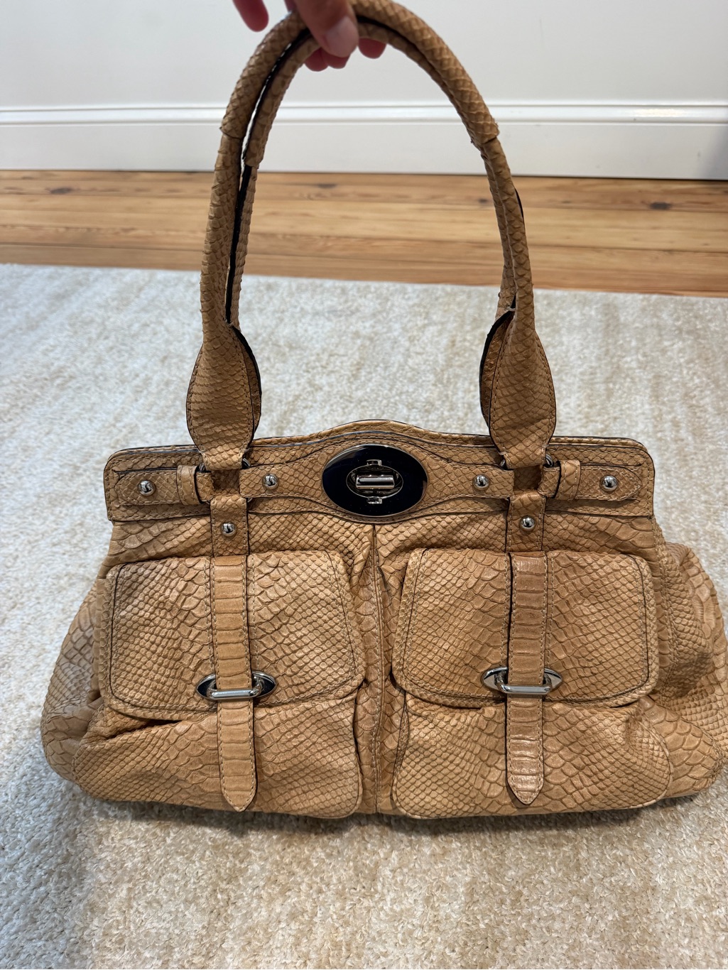 Coach Tan Snakeskin Textured Shoulder Bag With Front Pockets